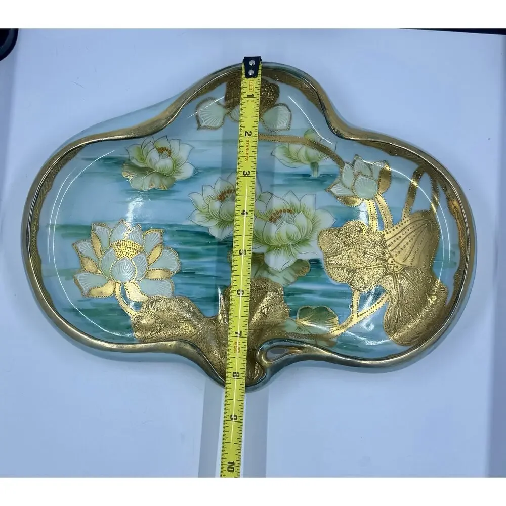 Antique Nippon Hand Painted Water Lily Gold Gilt Moriage Large Trinket Dish